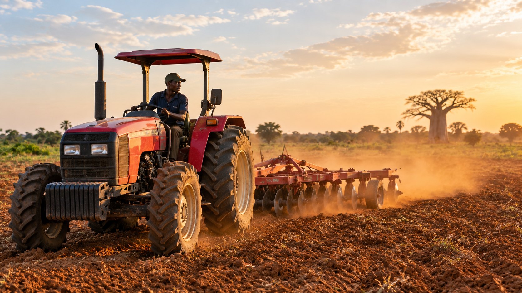 Tracteur tirant un cover-crop dans un champ au coucher du soleil